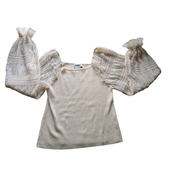 Womens Arula Pmus Size 3XL Ivory Top Sheer Smocked Puff Sleeve Shimmer Knit Boho - Picture 1 of 9